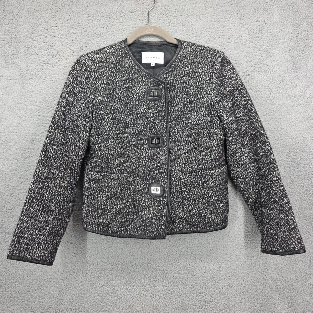 Sandro Tweed Jacket Black White Leather Trim Blazer Women Size 36